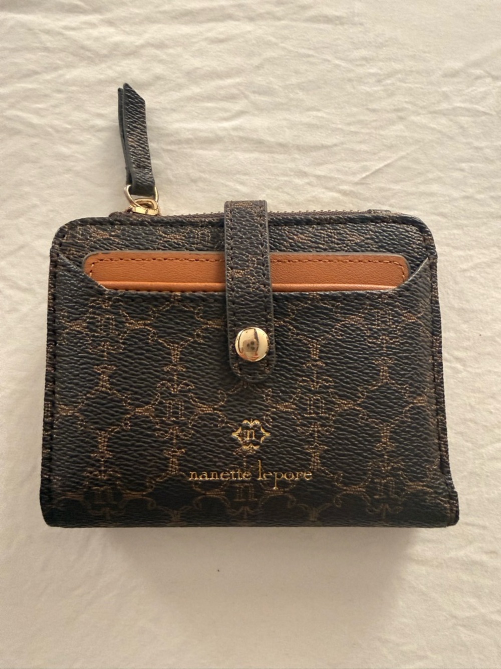 Nanette Lepore Black & Tan Monogram Zip Card Wallet